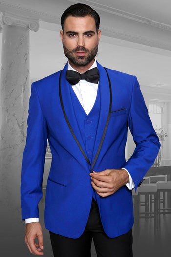 Esmoquin de diseño para hombre con ribete de satén y chal para boda y graduación en azul real