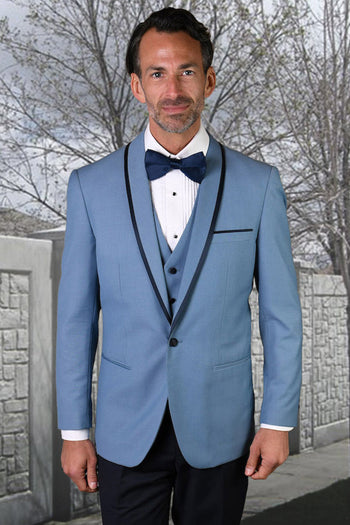 Esmoquin de diseño para hombre con ribete de satén y chal para boda y graduación en azul acero