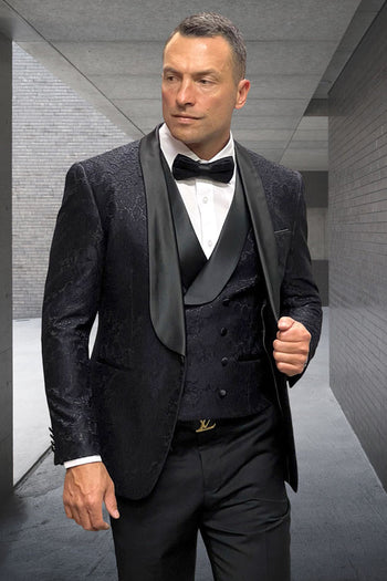 Esmoquin de boda de diseño para hombre con encaje floral y chaleco en negro