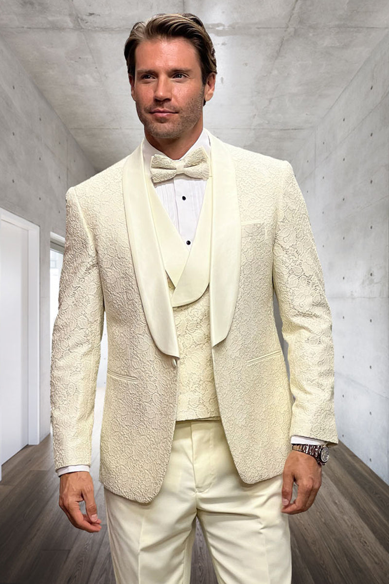 Esmoquin de boda de diseño para hombre con encaje floral y chaleco en color marfil