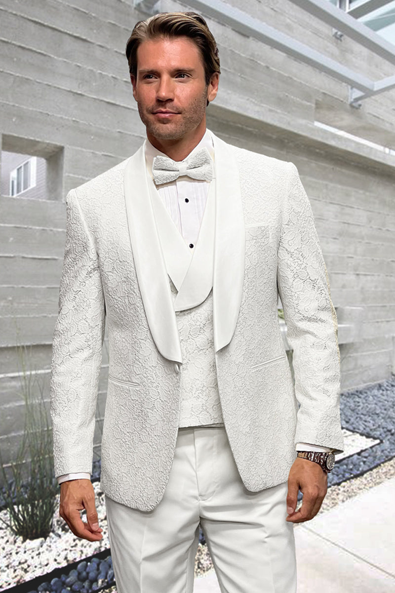 Esmoquin de boda de diseño para hombre con encaje floral y chaleco en blanco