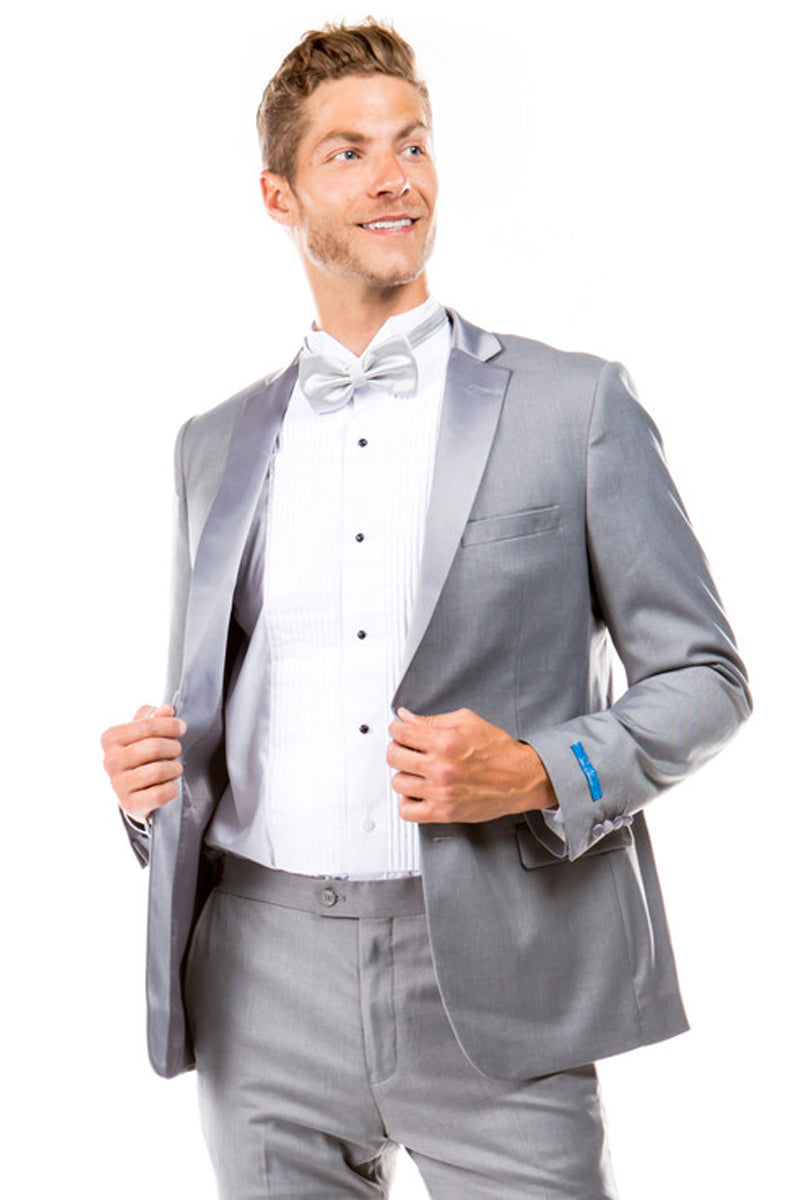Esmoquin de dos botones para hombre, corte entallado, para boda y graduación, en gris claro