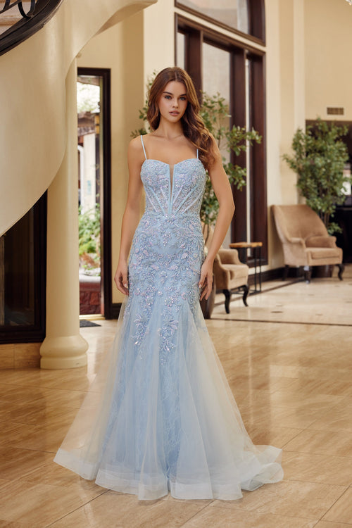 Sleeveless Trumpet Prom Dress Beaded Floral Lace Corset Bodice & Lace-Up Back by Nox Anabel H1874