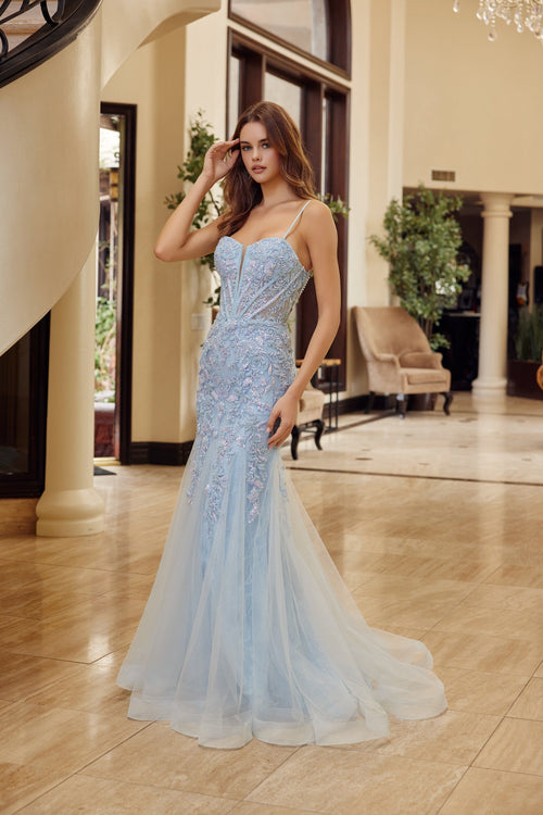 Sleeveless Trumpet Prom Dress Beaded Floral Lace Corset Bodice & Lace-Up Back by Nox Anabel H1874