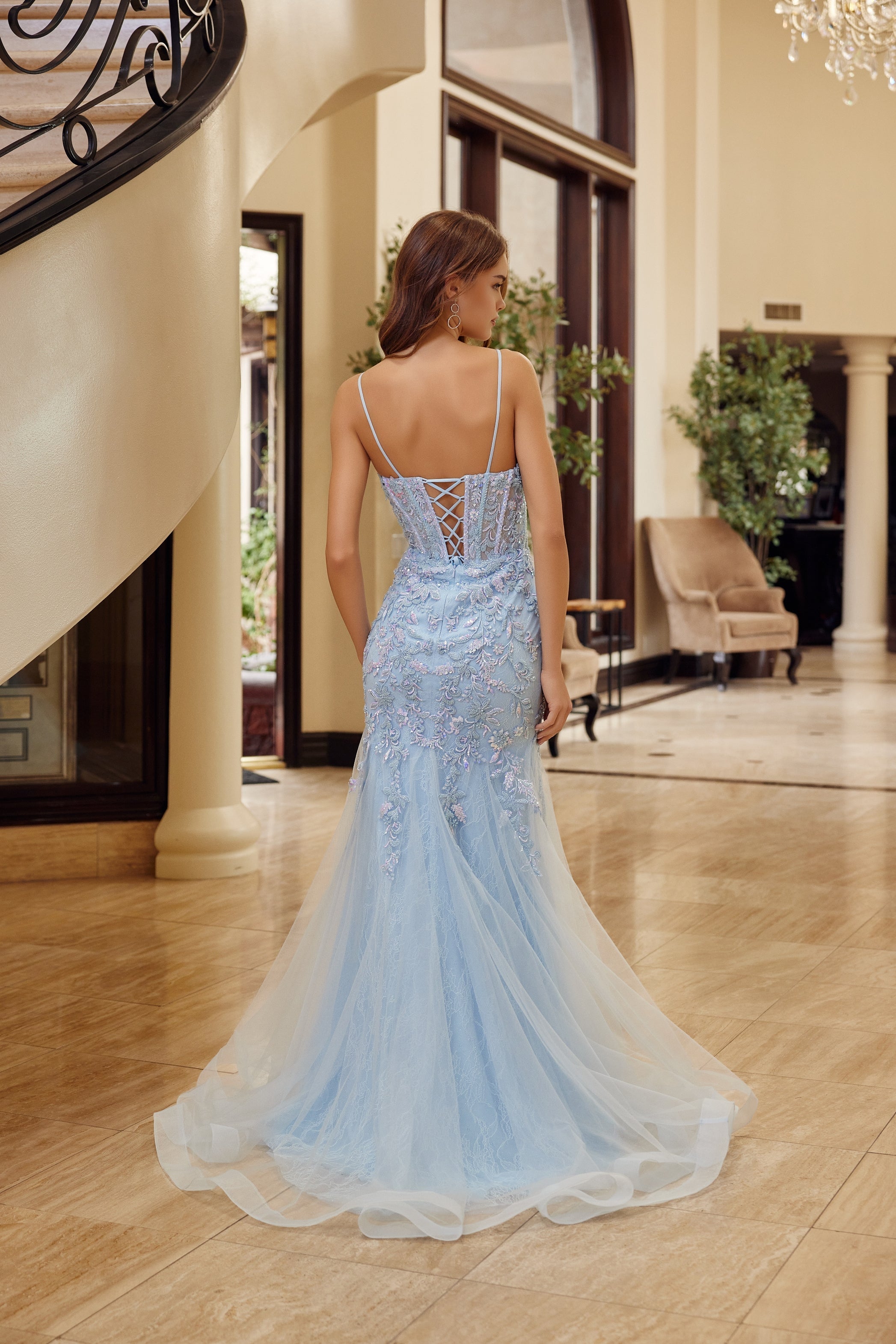 Sleeveless Trumpet Prom Dress Beaded Floral Lace Corset Bodice & Lace-Up Back by Nox Anabel H1874