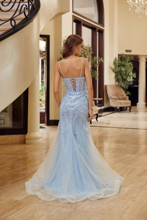 Sleeveless Trumpet Prom Dress Beaded Floral Lace Corset Bodice & Lace-Up Back by Nox Anabel H1874