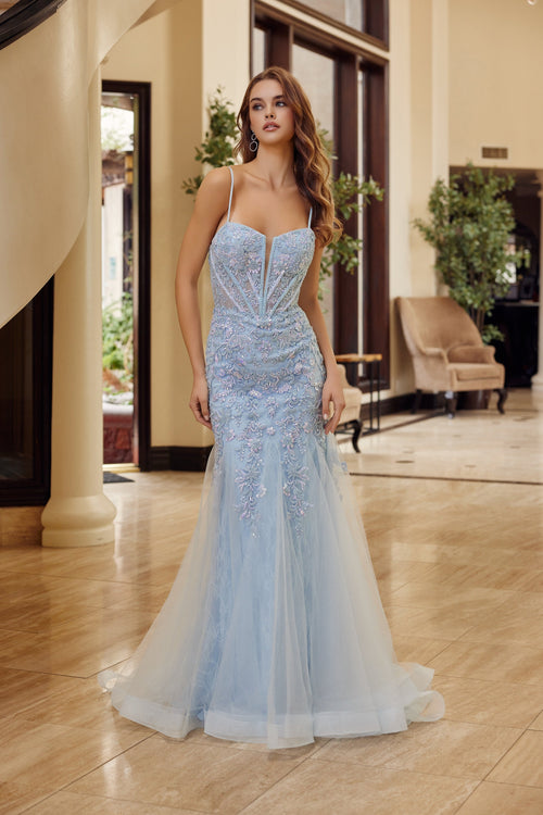 Sleeveless Trumpet Prom Dress Beaded Floral Lace Corset Bodice & Lace-Up Back by Nox Anabel H1874