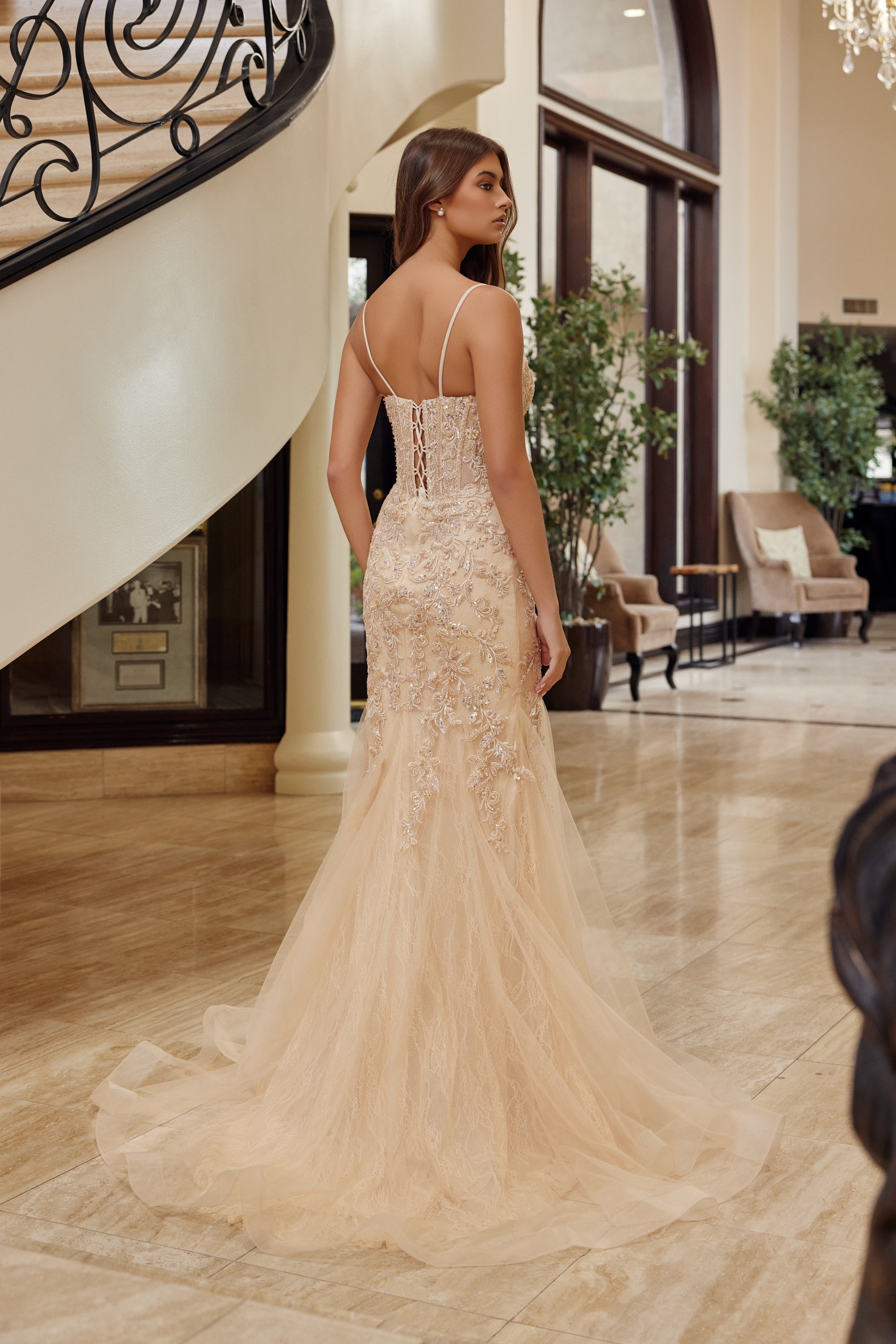 Sleeveless Trumpet Prom Dress Beaded Floral Lace Corset Bodice & Lace-Up Back by Nox Anabel H1874