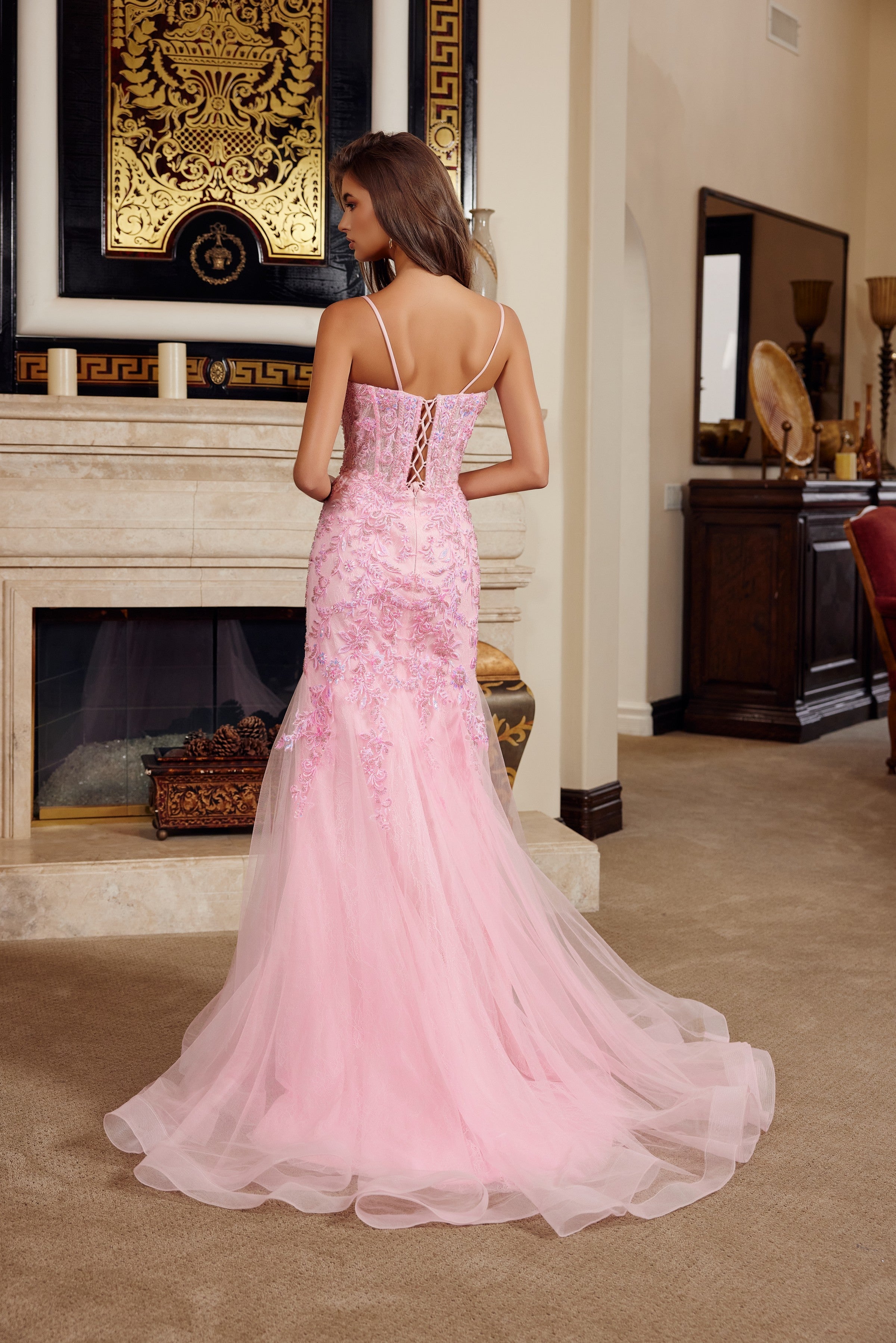 Sleeveless Trumpet Prom Dress Beaded Floral Lace Corset Bodice & Lace-Up Back by Nox Anabel H1874