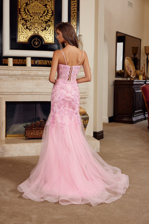 Sleeveless Trumpet Prom Dress Beaded Floral Lace Corset Bodice & Lace-Up Back by Nox Anabel H1874