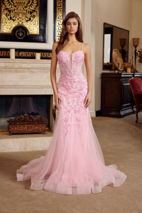 Sleeveless Trumpet Prom Dress Beaded Floral Lace Corset Bodice & Lace-Up Back by Nox Anabel H1874
