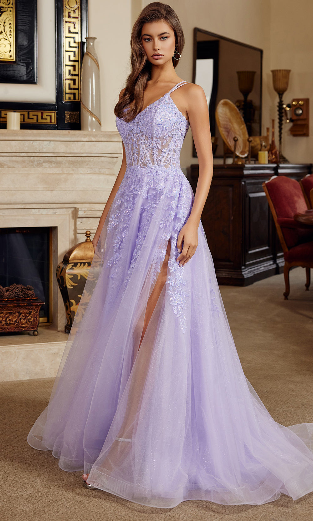 Nox Anabel H1882 V-Neck Applique A-Line Long Evening Gown