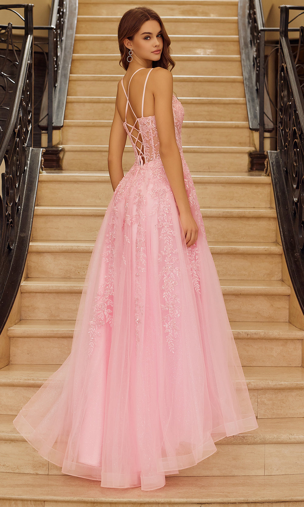 Nox Anabel H1882 V-Neck Applique A-Line Long Evening Gown