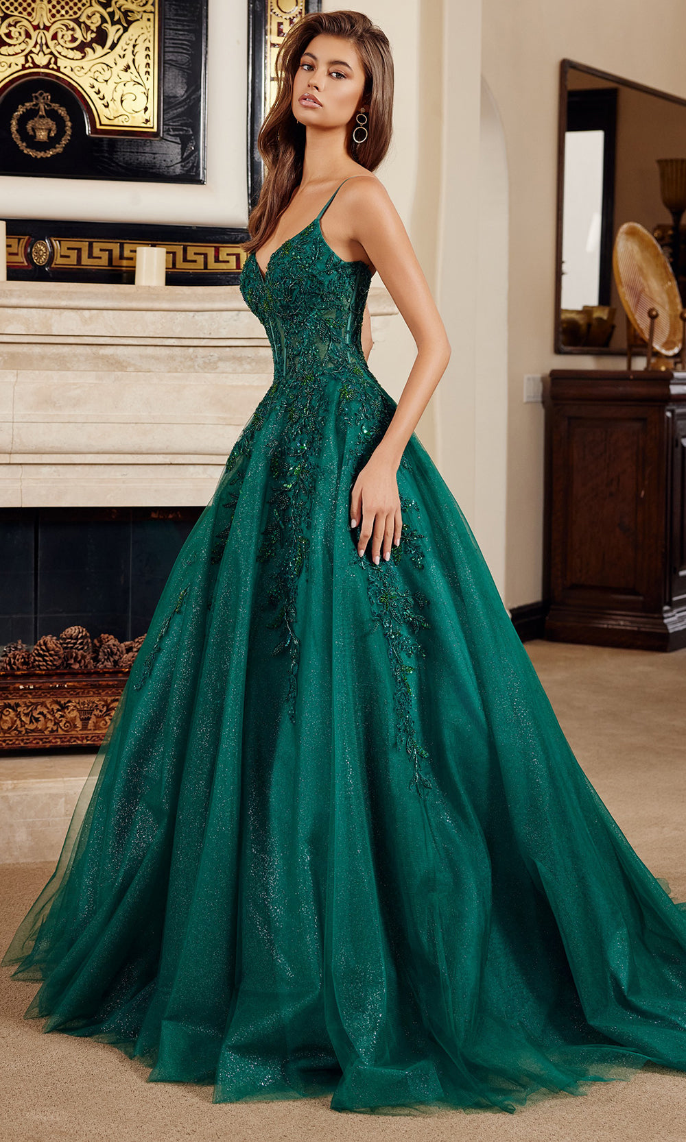 Nox Anabel H1883 V-Neck Applique Ball Gown Long Evening Gown