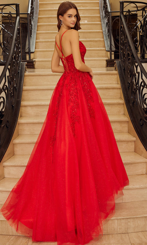 Nox Anabel H1883 V-Neck Applique Ball Gown Long Evening Gown