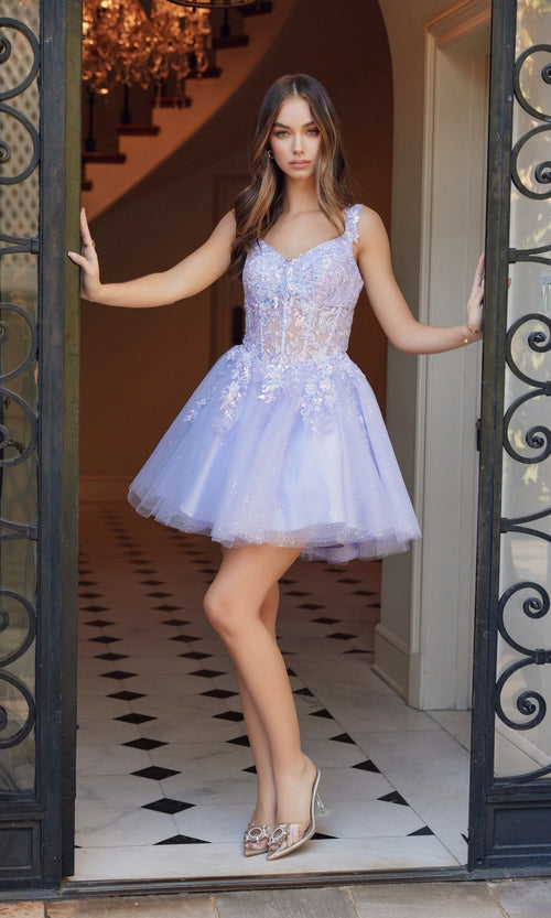 Nox Anabel H846 Short A-Line Homecoming Dress with Embroidered Bodice