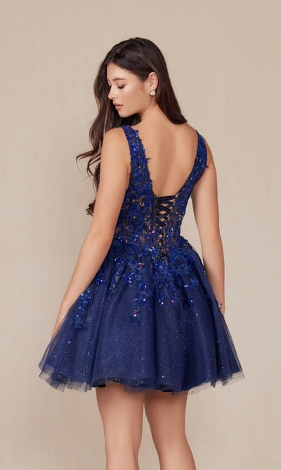 Nox Anabel H846 Short A-Line Homecoming Dress with Embroidered Bodice