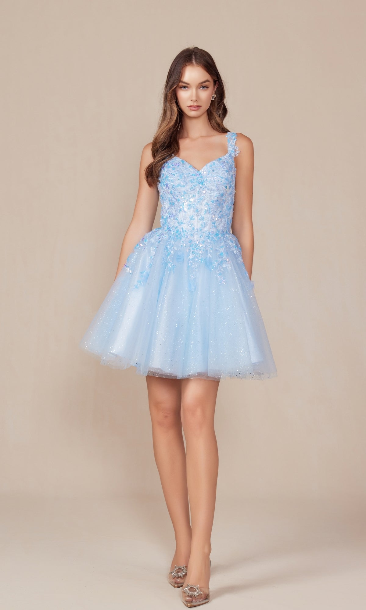 Vestido corto de fiesta de corte A con corpiño bordado H846