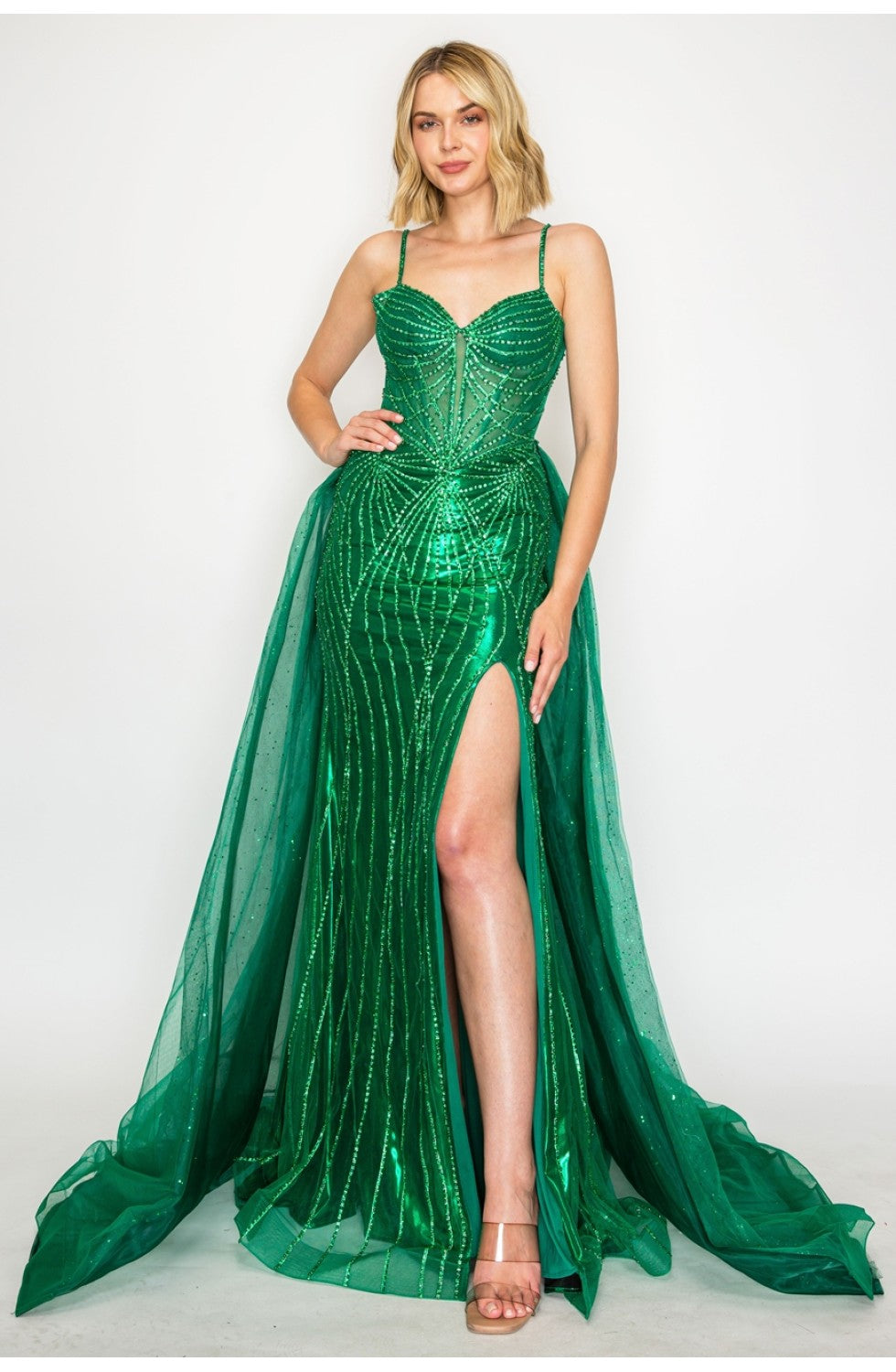 Sleeveless Beaded Sheer Dress with Lace-Up Back & Detachable Glitter Train by High Couture HC1001