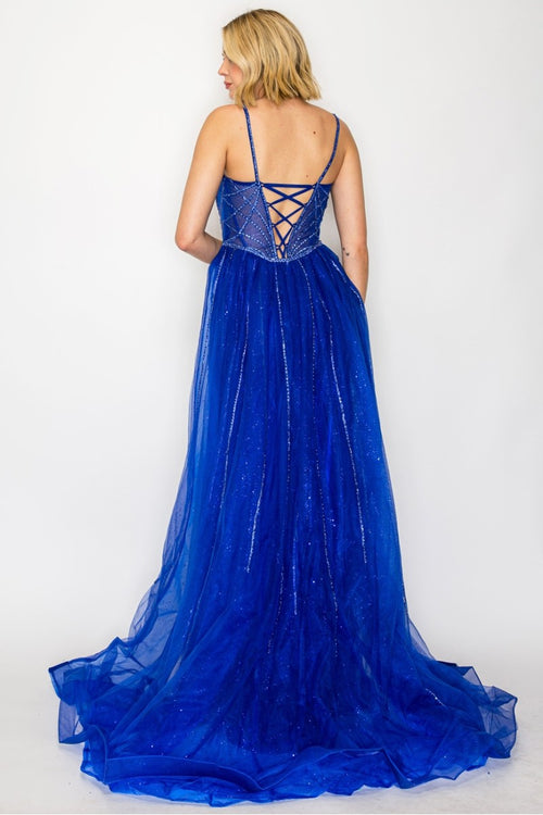 Sleeveless Beaded Sheer Dress with Lace-Up Back & Detachable Glitter Train by High Couture HC1001