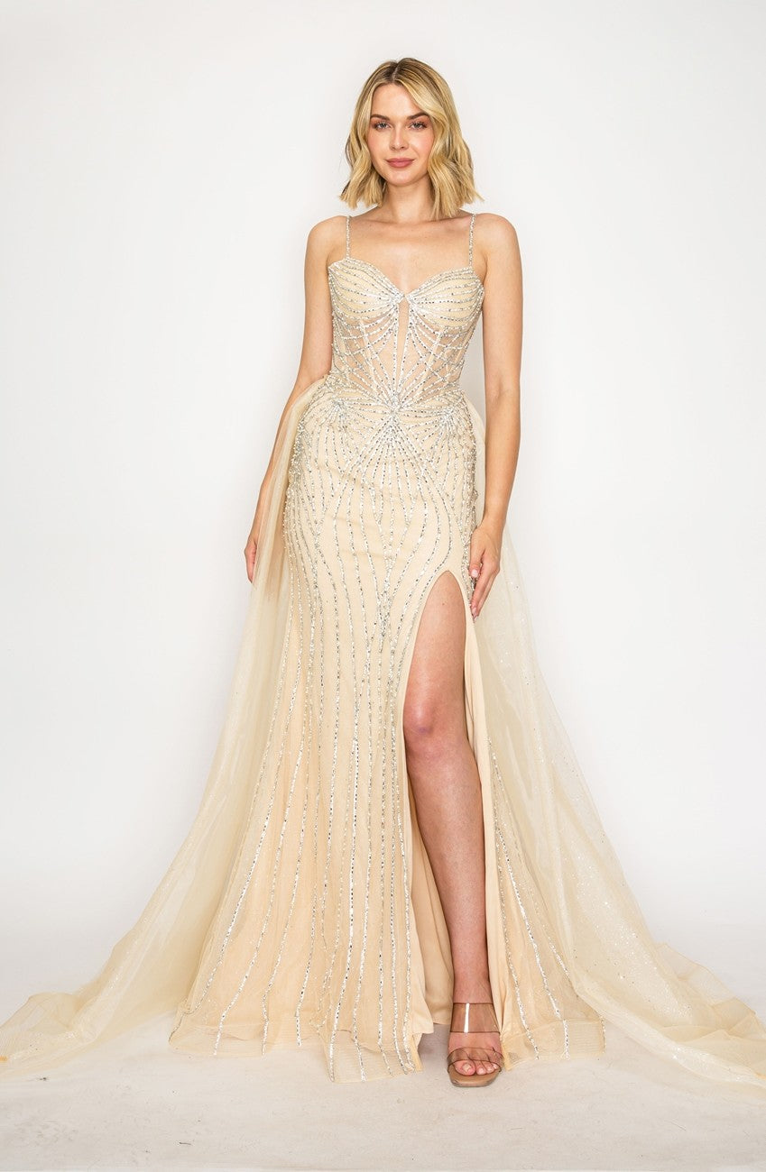 Prom Dresses Long Formal Beaded Overskirt Prom Dress Nude