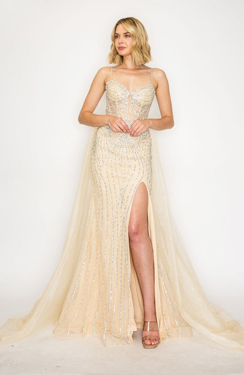 High Couture HC1002 Long Formal Beaded Overskirt Prom Dress