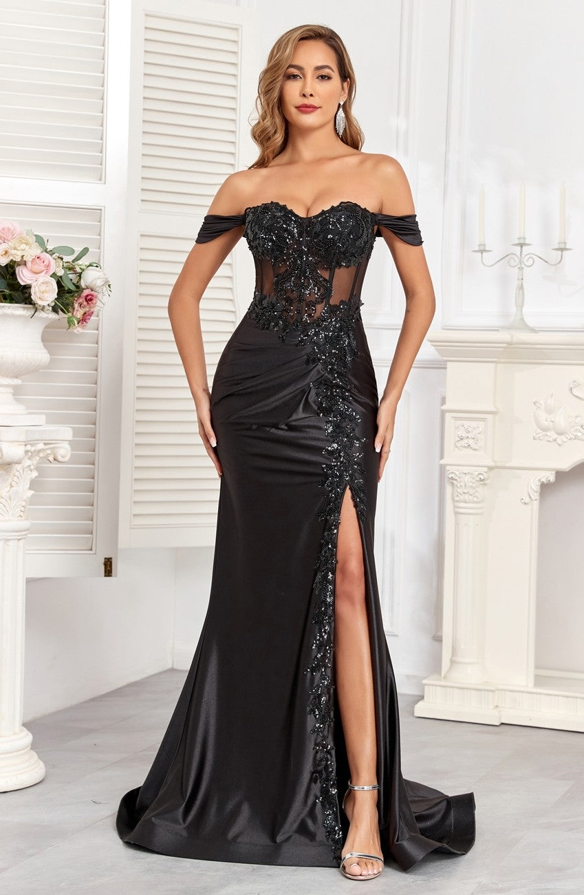 Prom Dresses Long Fitted Corset Formal Applique Prom Dress Black