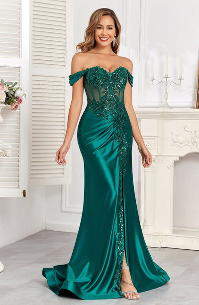 Prom Dresses Long Fitted Corset Formal Applique Prom Dress Emerald