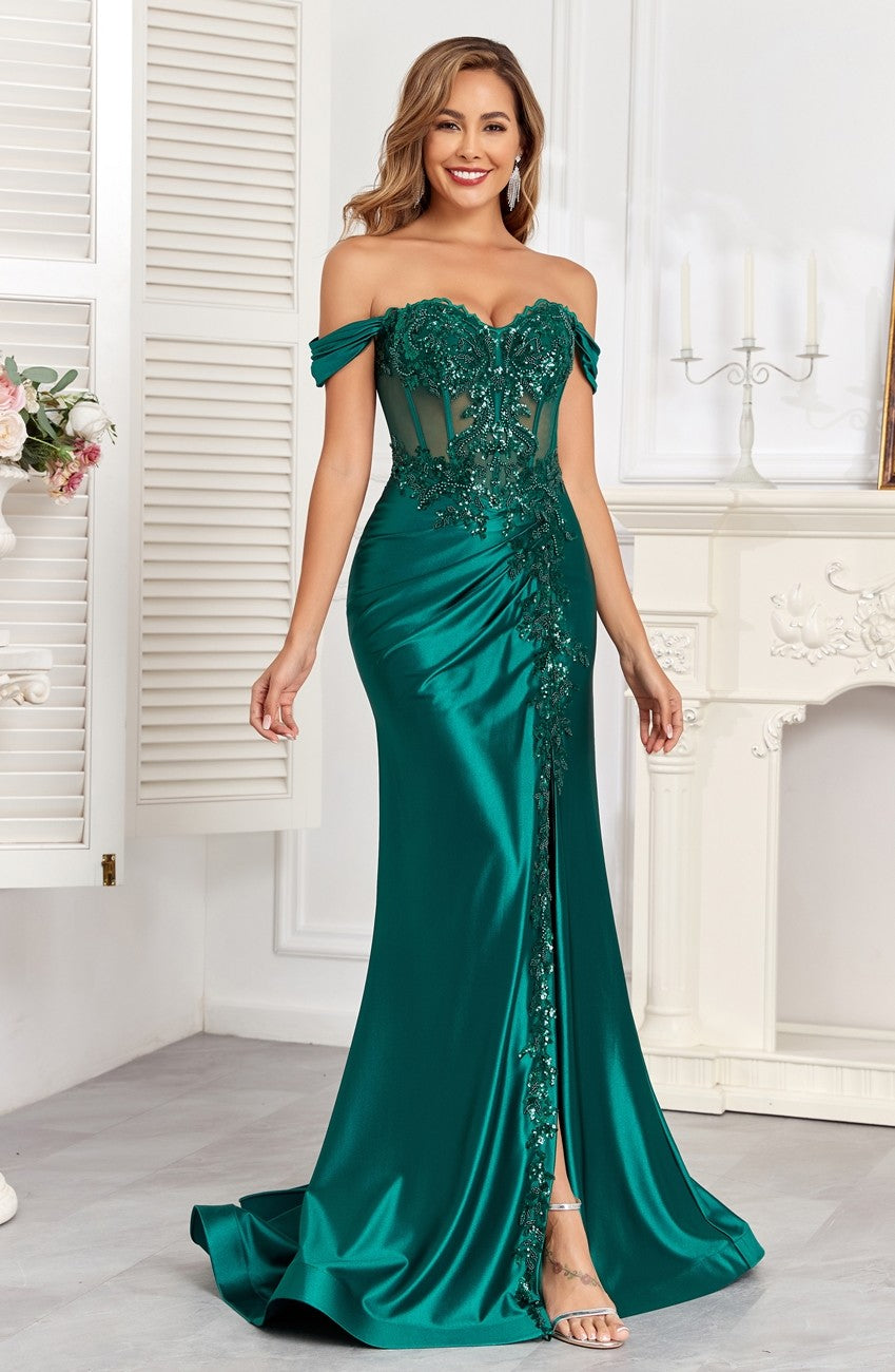 Prom Dresses Long Fitted Corset Formal Applique Prom Dress Emerald