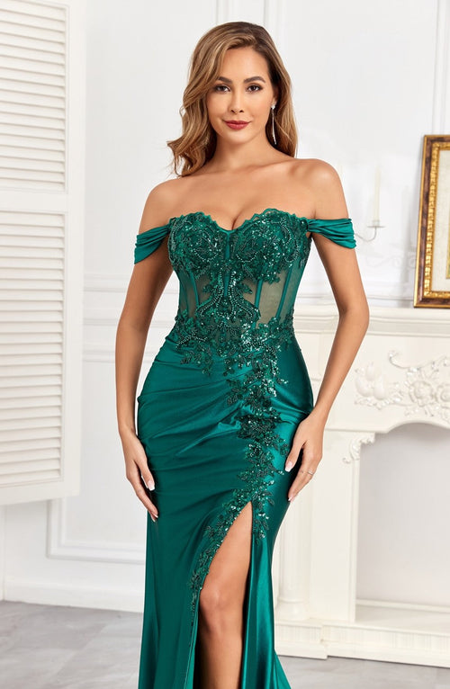High Couture HC1003 Long Fitted Corset Formal Applique Prom Dress