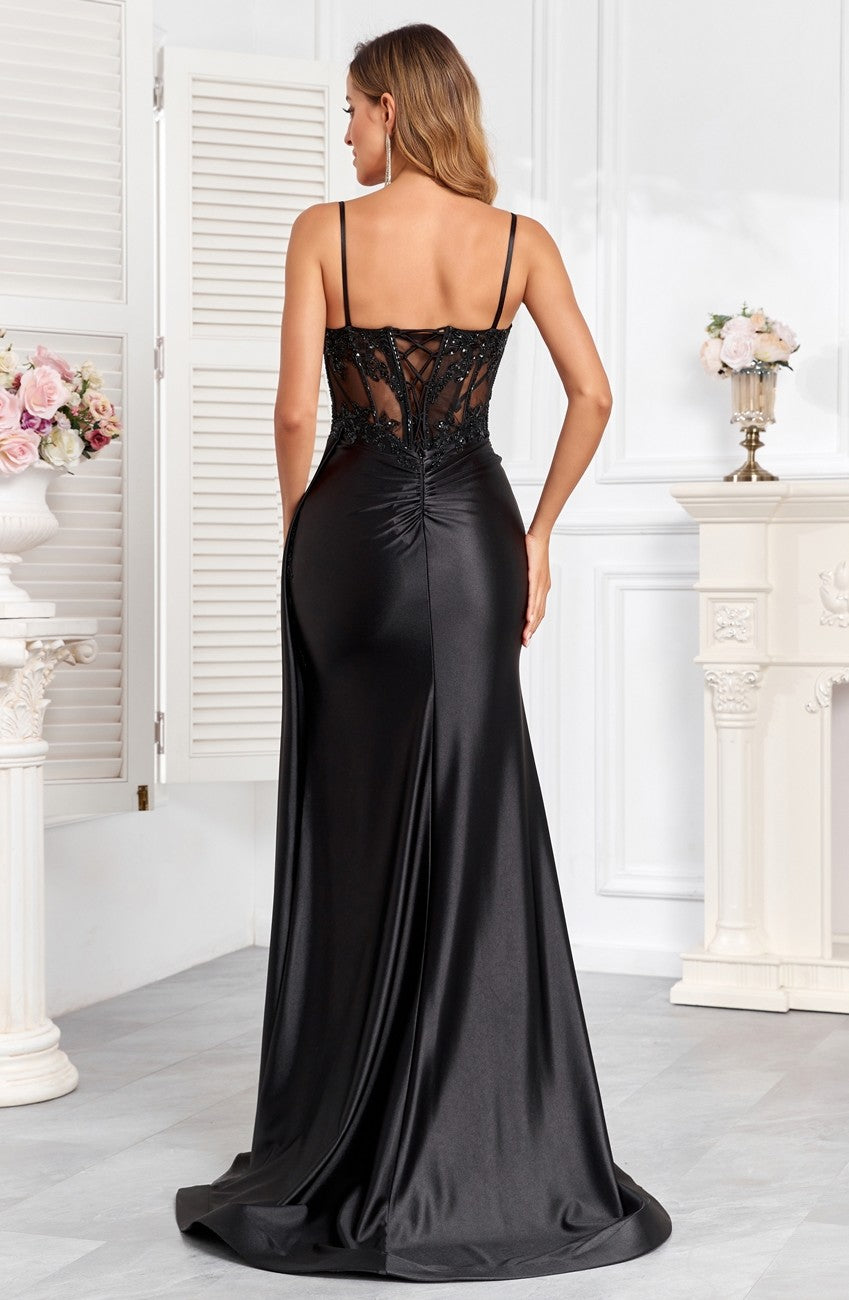High Couture HC1004 Pleated Long Formal Applique Corset Prom Dress