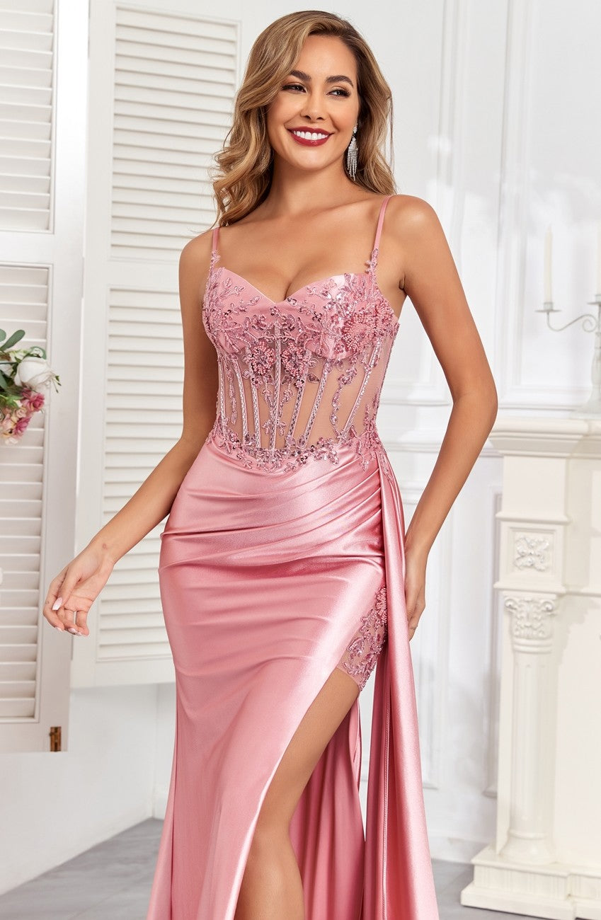 High Couture HC1004 Pleated Long Formal Applique Corset Prom Dress