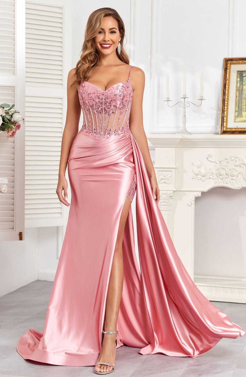 Prom Dresses Pleated Long Formal Applique Corset Prom Dress Dusty Rose