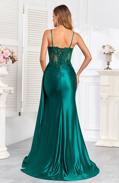 High Couture HC1004 Pleated Long Formal Applique Corset Prom Dress