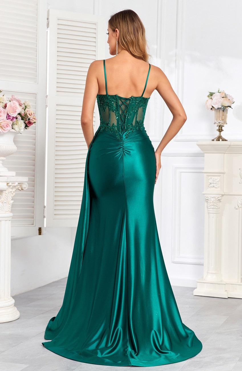 High Couture HC1004 Pleated Long Formal Applique Corset Prom Dress