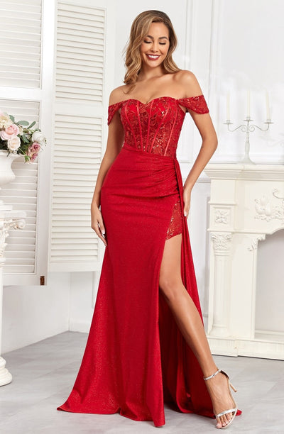 High Couture HC1005 Glitter Long Corset Fitted Formal Prom Dress