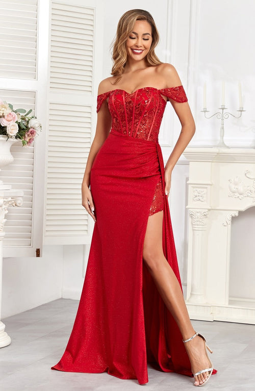 High Couture HC1005 Glitter Long Corset Fitted Formal Prom Dress