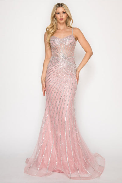 Prom Dresses Fitted Long Formal Beaded Corset Prom Gown Mauve