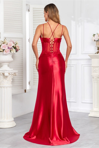 High Couture HC1010 Long Pleated Formal Lace Applique Prom Dress