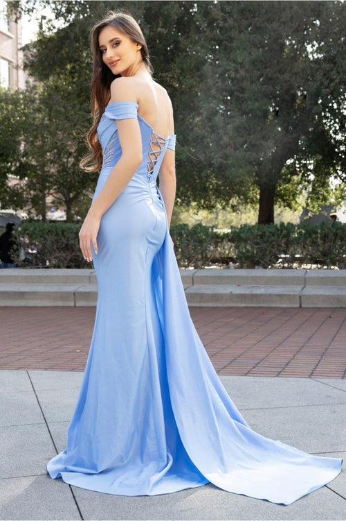 High Couture HC1012 Pleated Long Formal Slit Beaded Prom Evening Gown