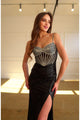 Prom Dresses Beaded Slit Prom Long Formal Metallic Dress Black