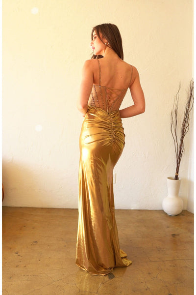 High Couture HC1024 Beaded Slit Prom Long Formal Metallic Dress