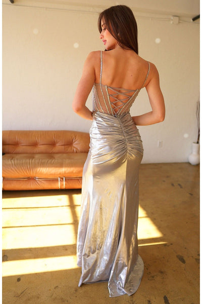 High Couture HC1024 Beaded Slit Prom Long Formal Metallic Dress