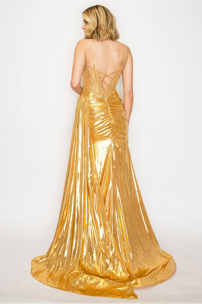 High Couture HC1026 Long Formal Beaded Metallic Prom Dress