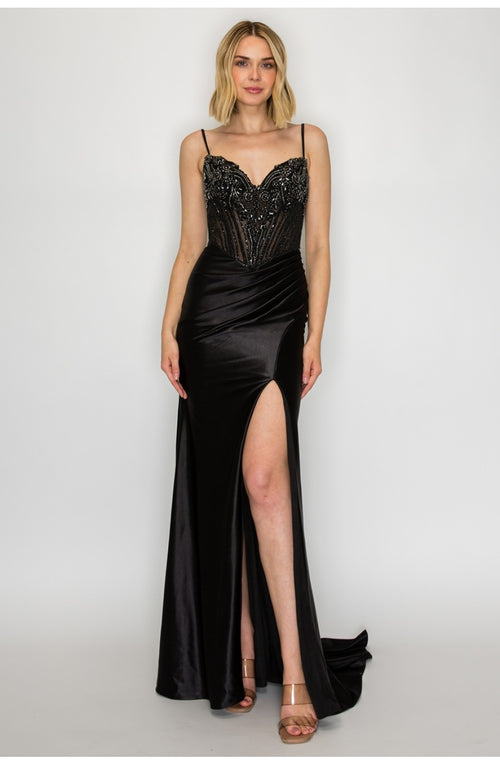 Sleeveless Beaded Satin Mermaid Prom Dress with Lace-Up Back Slit & Train by High Couture HC1029