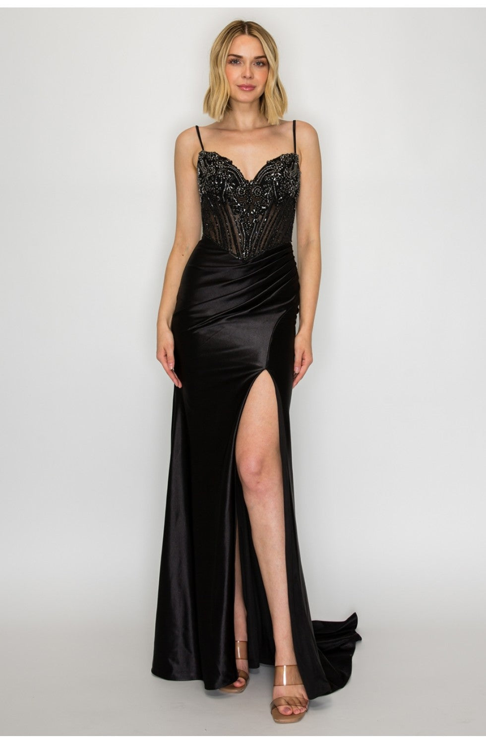 Sleeveless Beaded Satin Mermaid Prom Dress with Lace-Up Back Slit & Train by High Couture HC1029