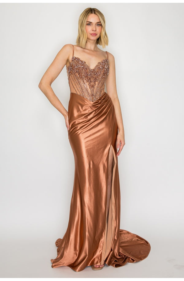 Sleeveless Beaded Satin Mermaid Prom Dress with Lace-Up Back Slit & Train by High Couture HC1029