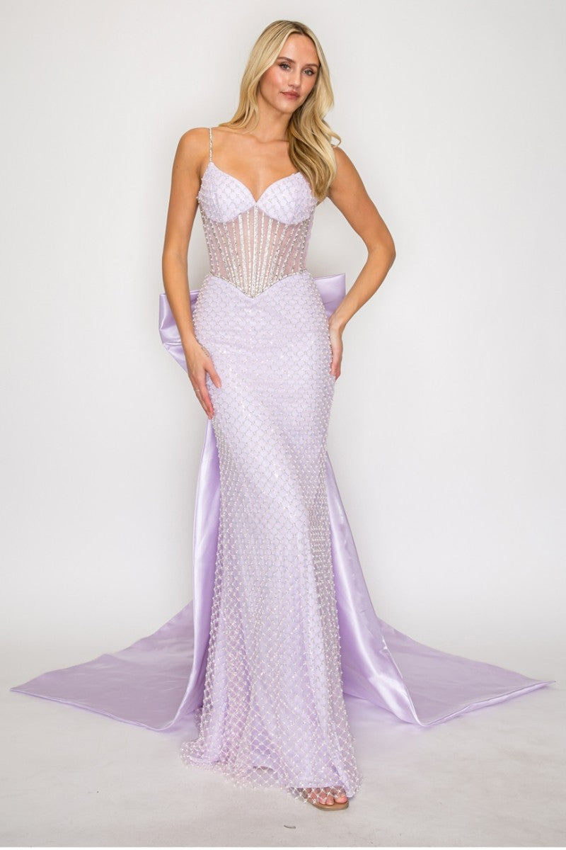 Sleeveless Corset Mermaid Dress with Lace-Up Back and Detachable Bow by High Couture HC1030