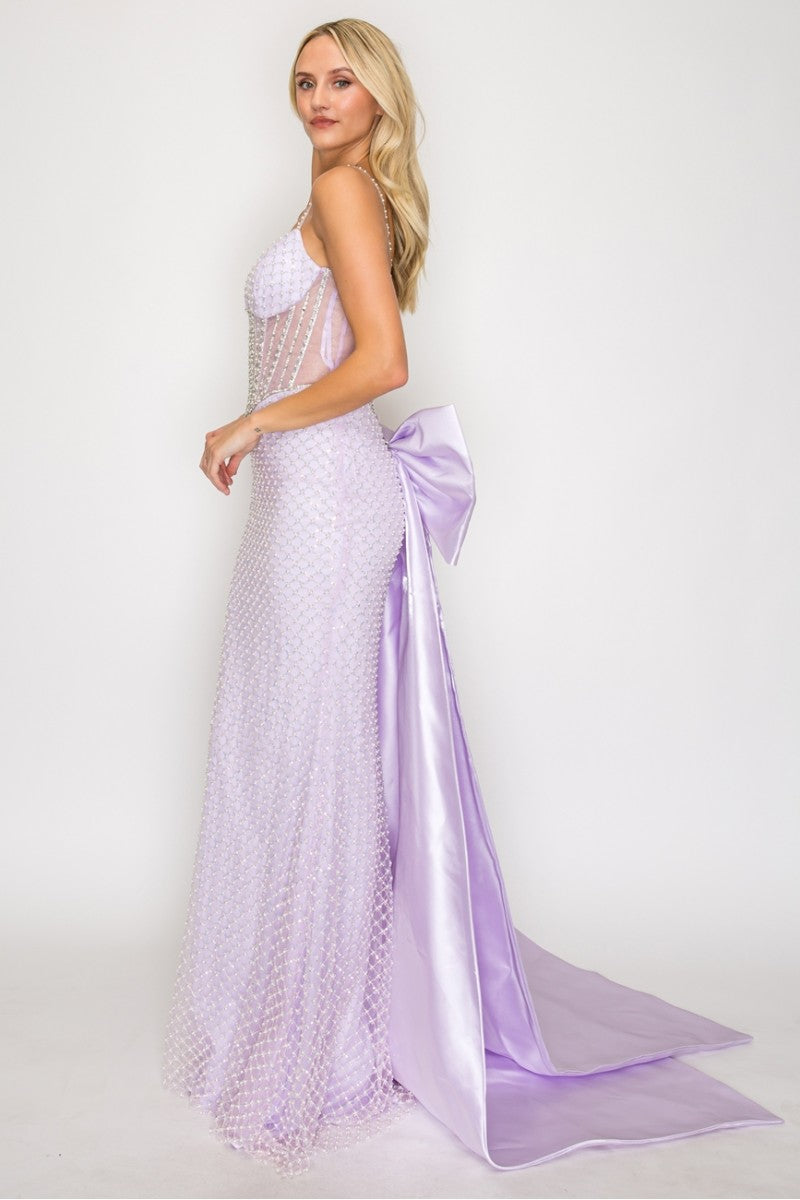 Sleeveless Corset Mermaid Dress with Lace-Up Back and Detachable Bow by High Couture HC1030