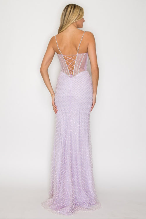 Sleeveless Corset Mermaid Dress with Lace-Up Back and Detachable Bow by High Couture HC1030